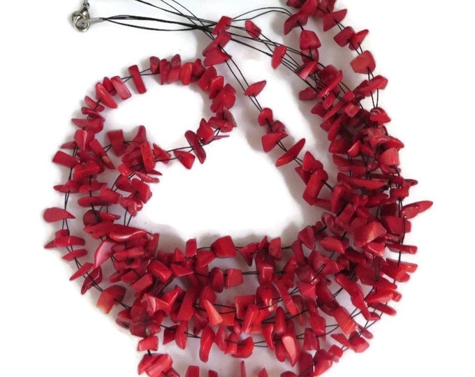 Faux Coral Necklace, Bracelet, Red Bead Jewelry Set, Triple Strand Necklace, Wrap Bracelet, Vintage Demi Parure