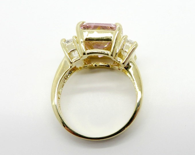Pink CZ Cocktail Ring, Vintage Lind Ring, 14k Gold Plated Ring, CZ Engagement Ring, Emerald Cut Pink Stone Ring, Size 6, Free Shipping