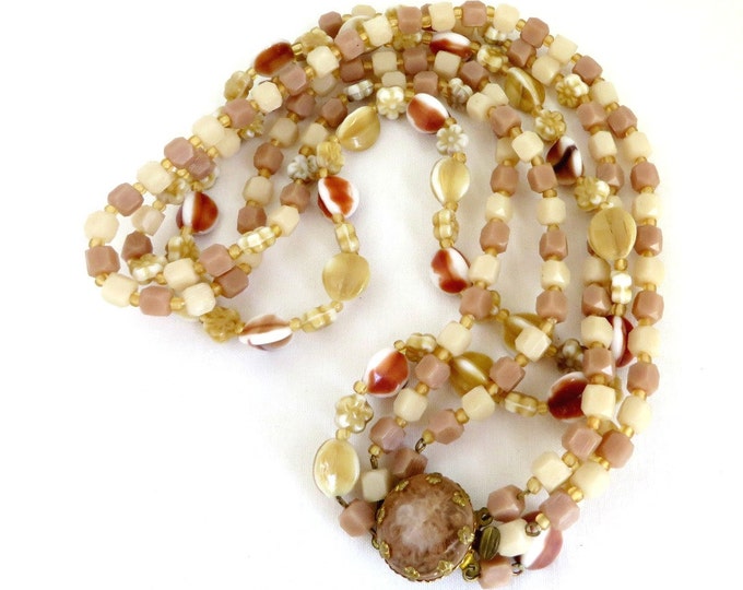 Glass Bead Triple Strand Necklace, Vintage Cream & Brown Beaded Necklace