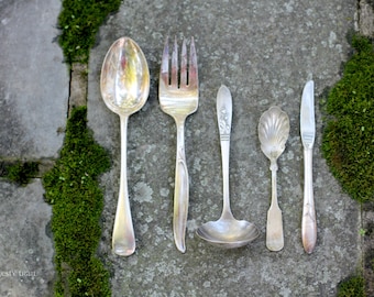Qty 5 Ornate Silverplate Serving Pieces. Vintage. Mismatched Flatware. Serving Spoon, Serving Fork, Gravy Ladle, Sugar Spoon, Butter Knife.