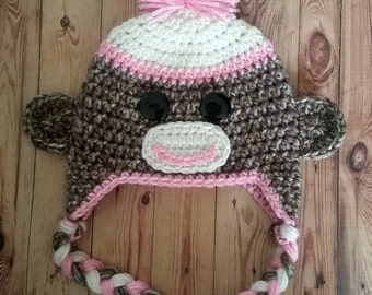 Crochet PINK Sock Monkey Hat--Made to Order