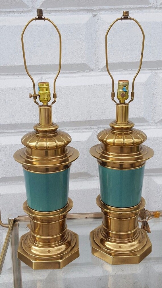 Pair Vintage Mid Century Modern Stiffel Brass Ceramic Art