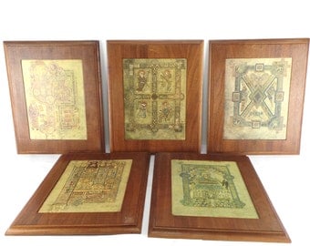 6 Framed Celtic Art, The Book of Kells Framed Prints, Set of 5 Book of Kells Artwork, Teak Frames,