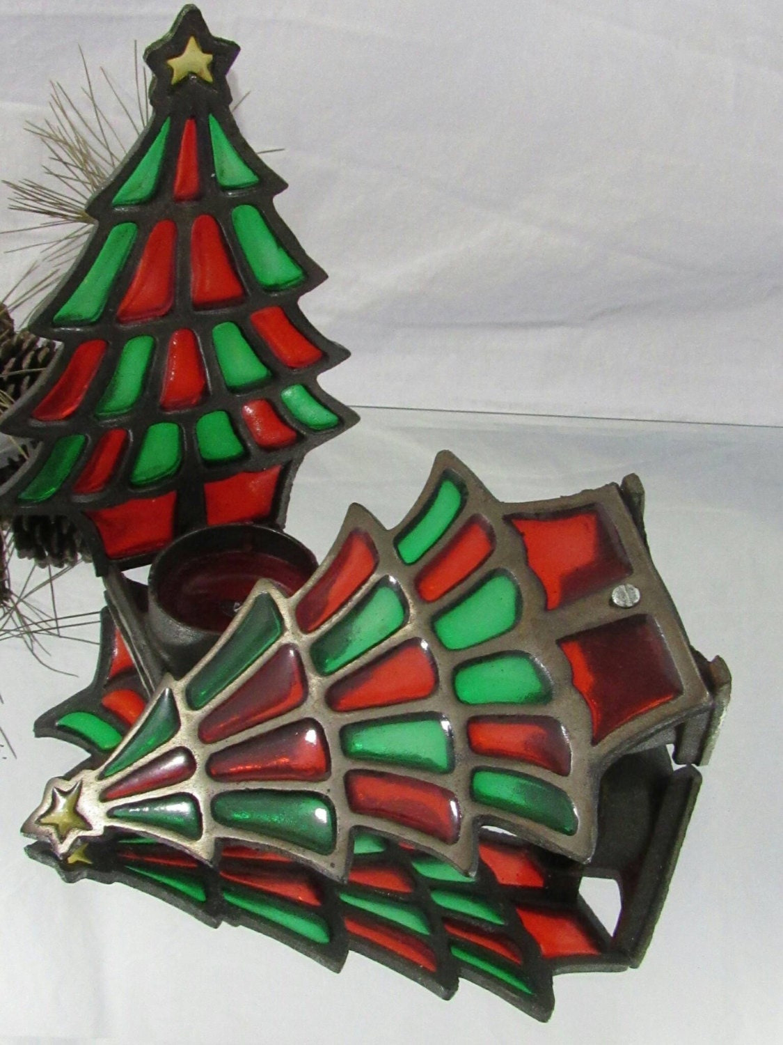 Vintage Stained Glass Candle Holders Christmas Tree Votive