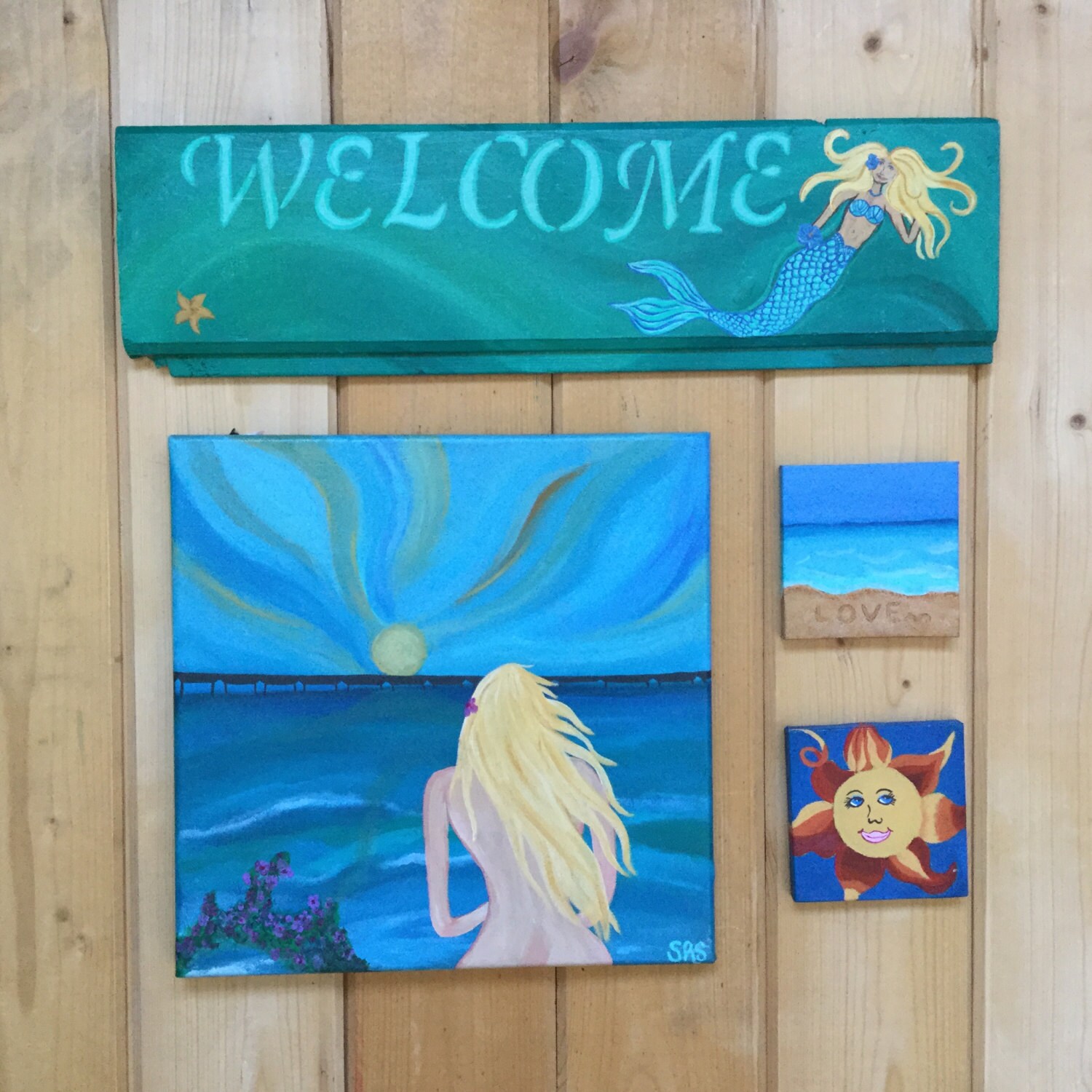 Beach Themed Painting with Pier Surfer Girl Beach Art