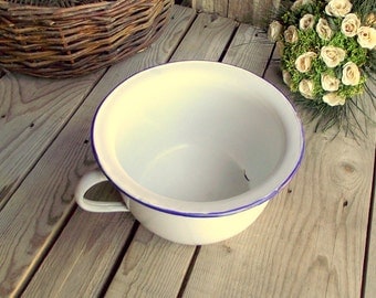 Enamel Chamber Pot - French Enamel Bowl - Vintage Chamber Pot - White and Blue Enamelware - Home Decor - Cottage Chic - Bathroom Decor