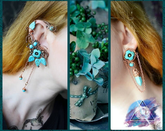 Set "Crystal flower" | Ear cuff and earring, wire wrap earcuff, boho ear cuff, boho style, crystal jewelry, crystal boho ear cuffs, galvanic