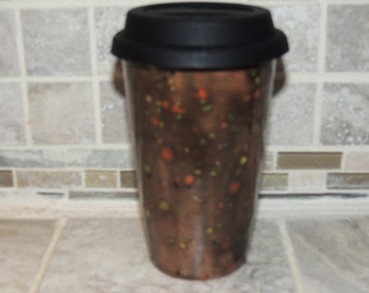 Handmade Ceramic Travel Mug, Unique Brown Multi colored speckled glaze. Measures 6 X 3.6. Food and dishwasher safe.