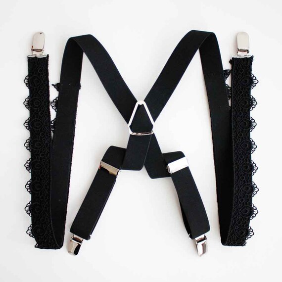 Womens Suspenders Black Lace Trim Suspenders Silver