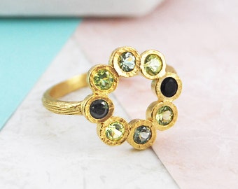 Tourmaline Ring, Gold Ring, October Birthstone Ring, Gemstone Ring, Birthstone Gift, Rosette Ring, Green Tourmaline, Precious Ring, Rustic