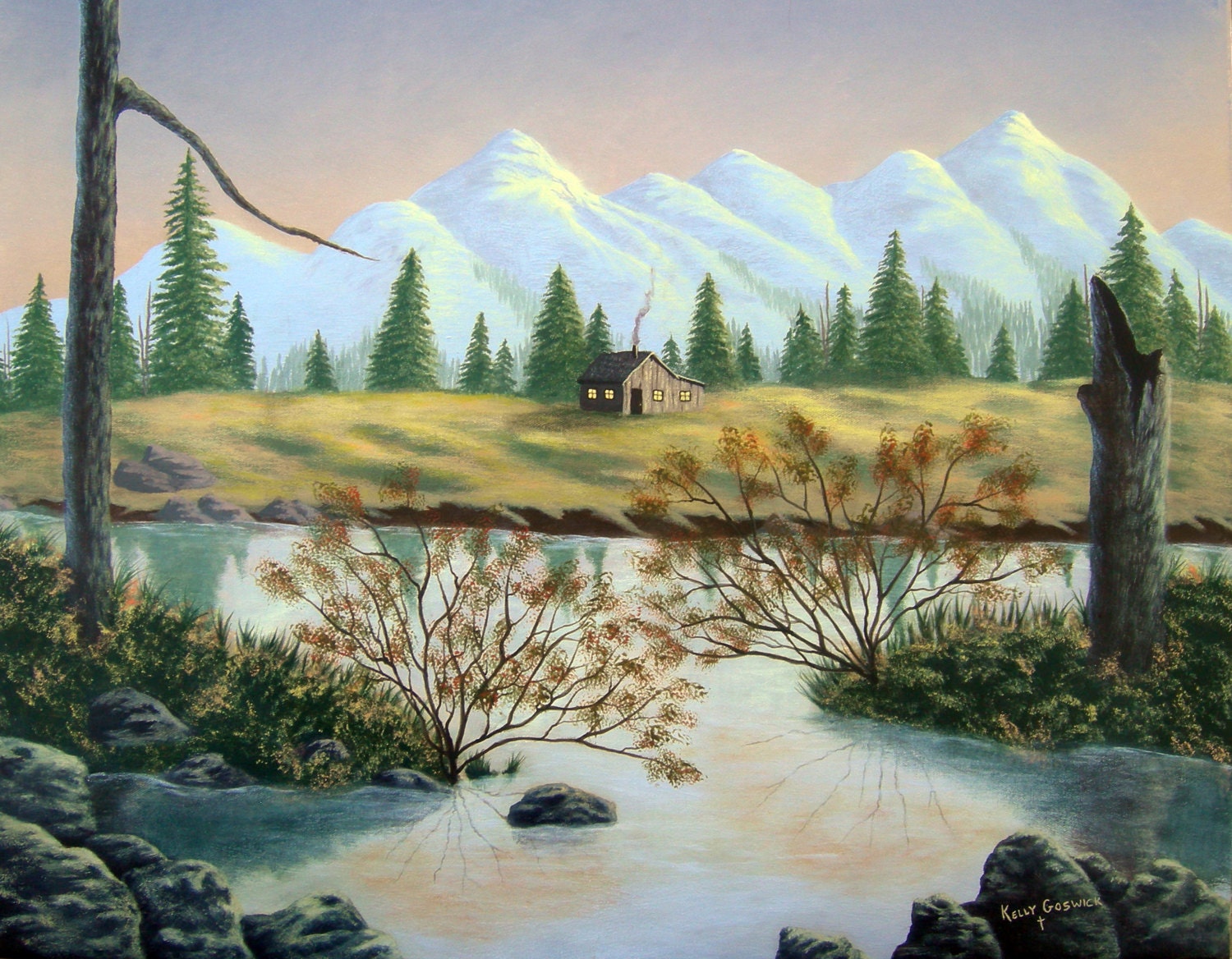 A Giclee print of a Mountain landscape painting. This print is