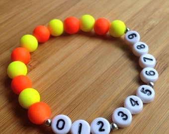 Phone Number ID Bracelet - emergency - find me fast - Neon Beads - Choose your own