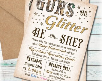Printable Guns or Glitter Gender Reveal Party Invitation - Digital File