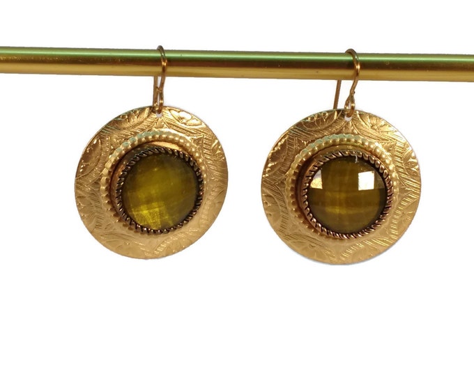 Petite Rosemal Olive Green Faceted Brass Drop Earrings, Nickle Free Ear Wires Hypo Allergenic