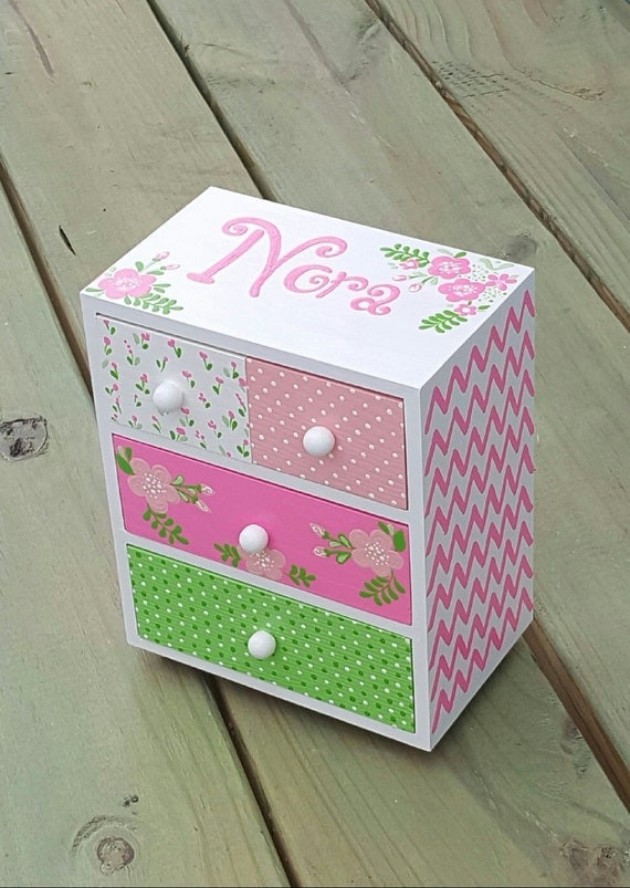 Personalized Child's Jewelry Box Wood Box Girls Pink Green