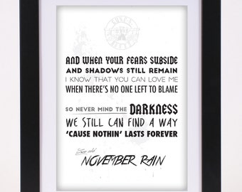 Guns N Roses 'November Rain' Printed Lyrics Poster - available in A4 and A3 // Gift Ideas // Rock // Typography