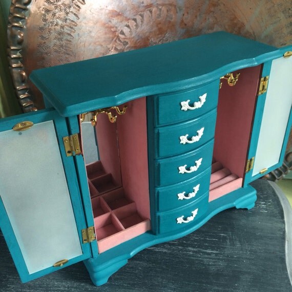 Peacock Blue Teal Aqua painted Jewelry Box Armoire Frosted