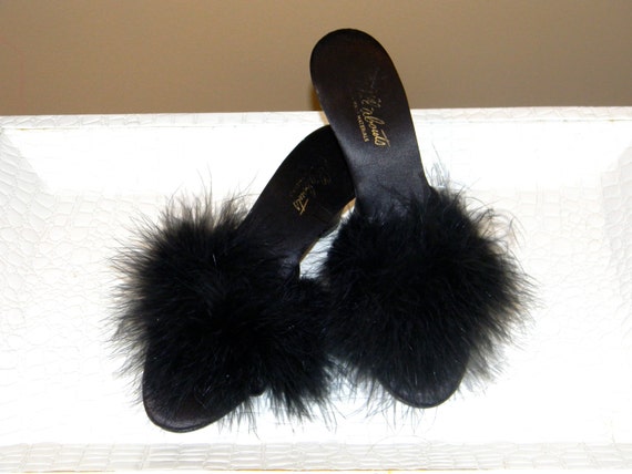 50s Boudoir Slippers Shoes Ostrich Feather Perfect Condition