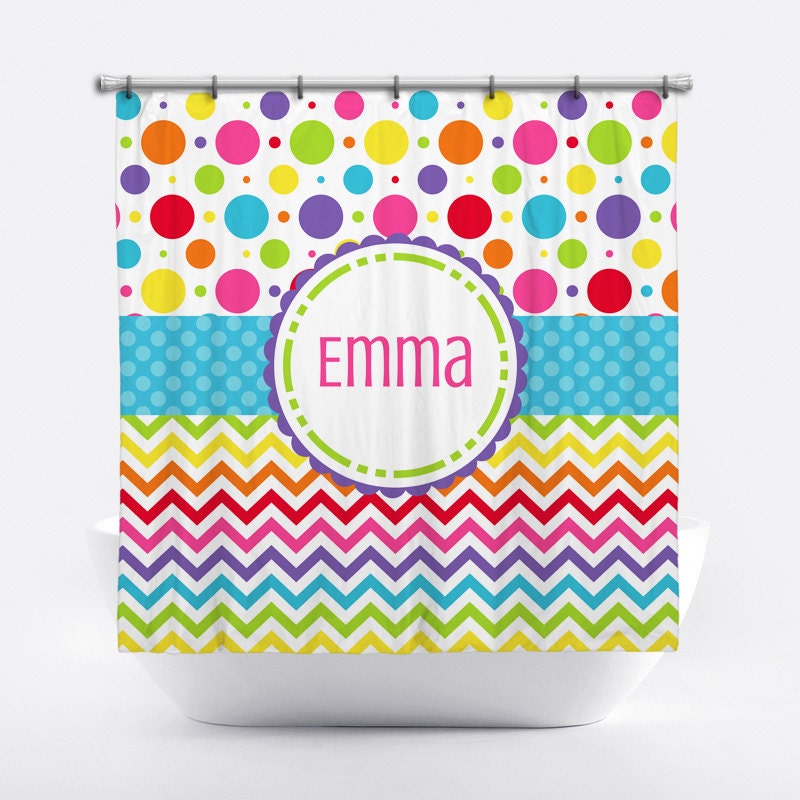 Personalized Rainbow Shower Curtain with Chevron & Polka Dots
