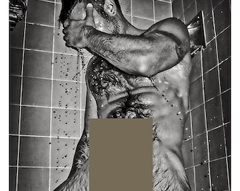 Mature content gay interest 6 x 4 printed repro real photo close up nude guy taking a shower lots of wet body hair 99p download .png file