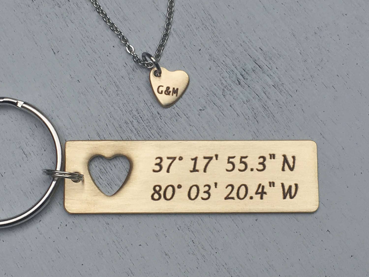 SALE PRICE Boyfriend Gift - Couples set-Custom Hand Stamped Coordinate Keychain with cut out heart necklace | Anniversary Gold Latitude & Lo