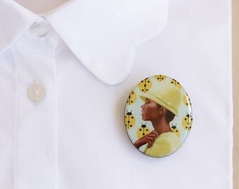 Brooch, Cameo Brooch, Art Brooch, Wearable Art, Art Jewellery, Art, Accessories, Yellow, Ladybugs, Woman, Tropical, Summer, Retro, Glam
