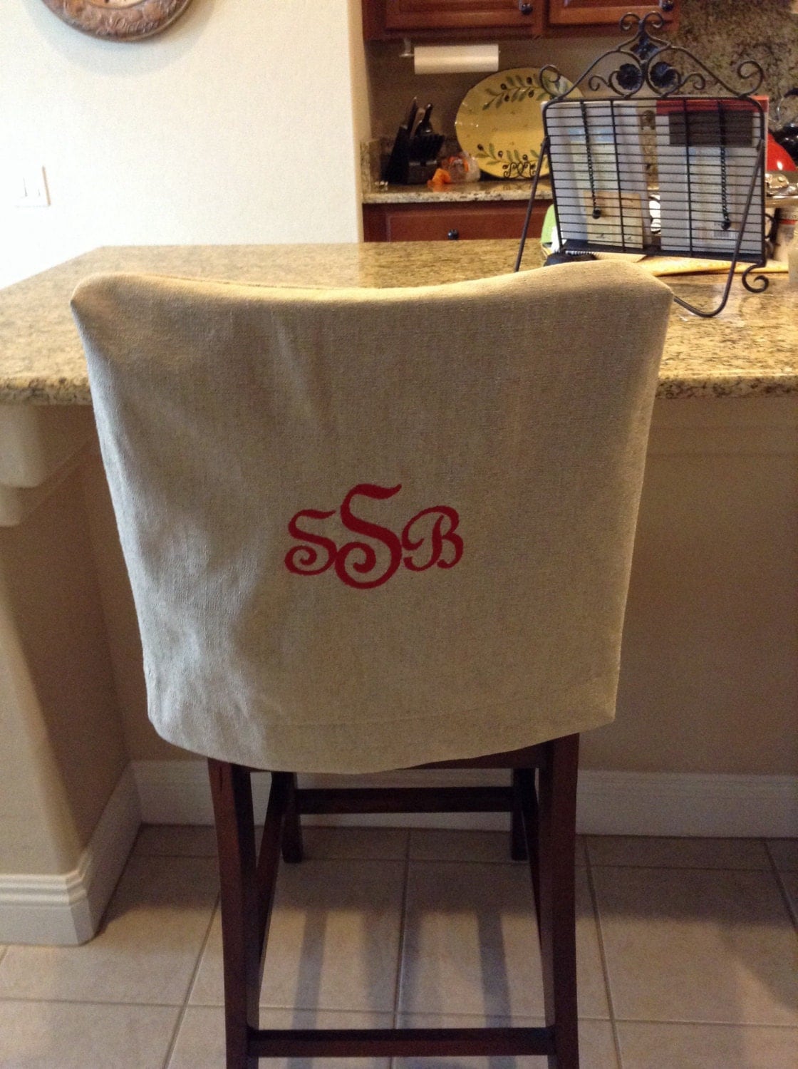 Monogrammed Chair Back Cover. Natural Linen washable fabric