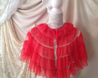 1960s Burlesque red ruffles bed jacket cape