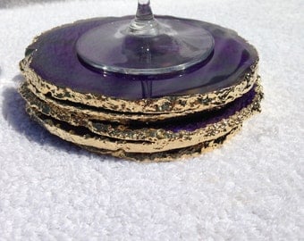 Agate Geode, Coaster,Purple,Gold Slice,Large, Purple Agate,Druzy,Geode Stone,Gold,Coasters, 4.5",Brazilian,Stone ,w/Felt Bumpers ( single)