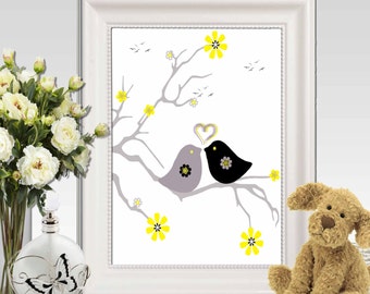 Bird Prints Nursery birds printable Love birds Yellow, gray Nursery decor Bird wall art Bird art Bird wall decor Birds in tree DOWNLOAD
