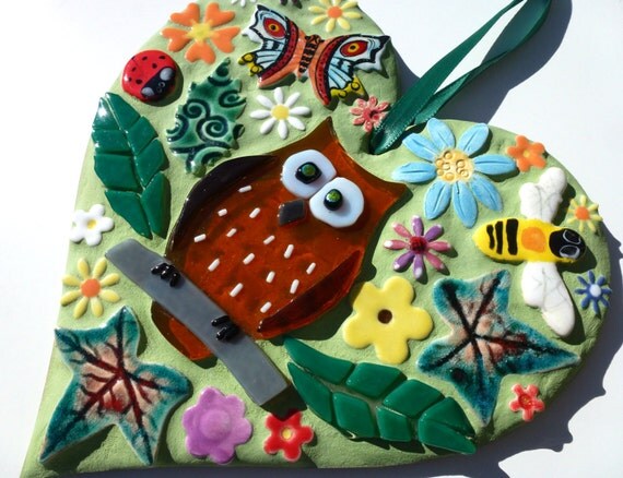 Garden Owl decor mosaic art heart owl flowers & wildlife Garden Owl decor mosaic art heart owl flowers wildlife