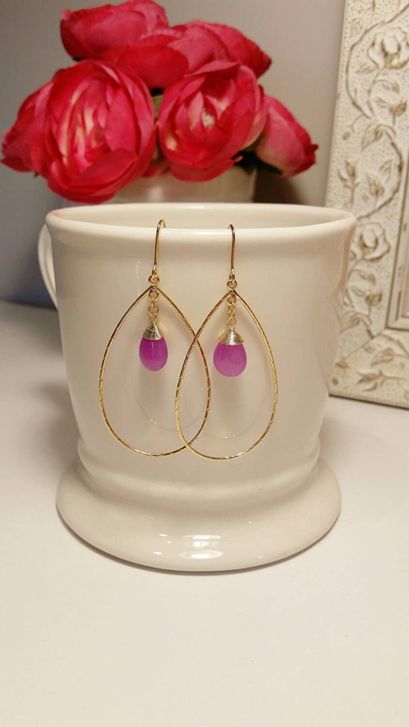 Gold Teardrop Pendant Earrings with Fuschia Wire Wrapped Jade