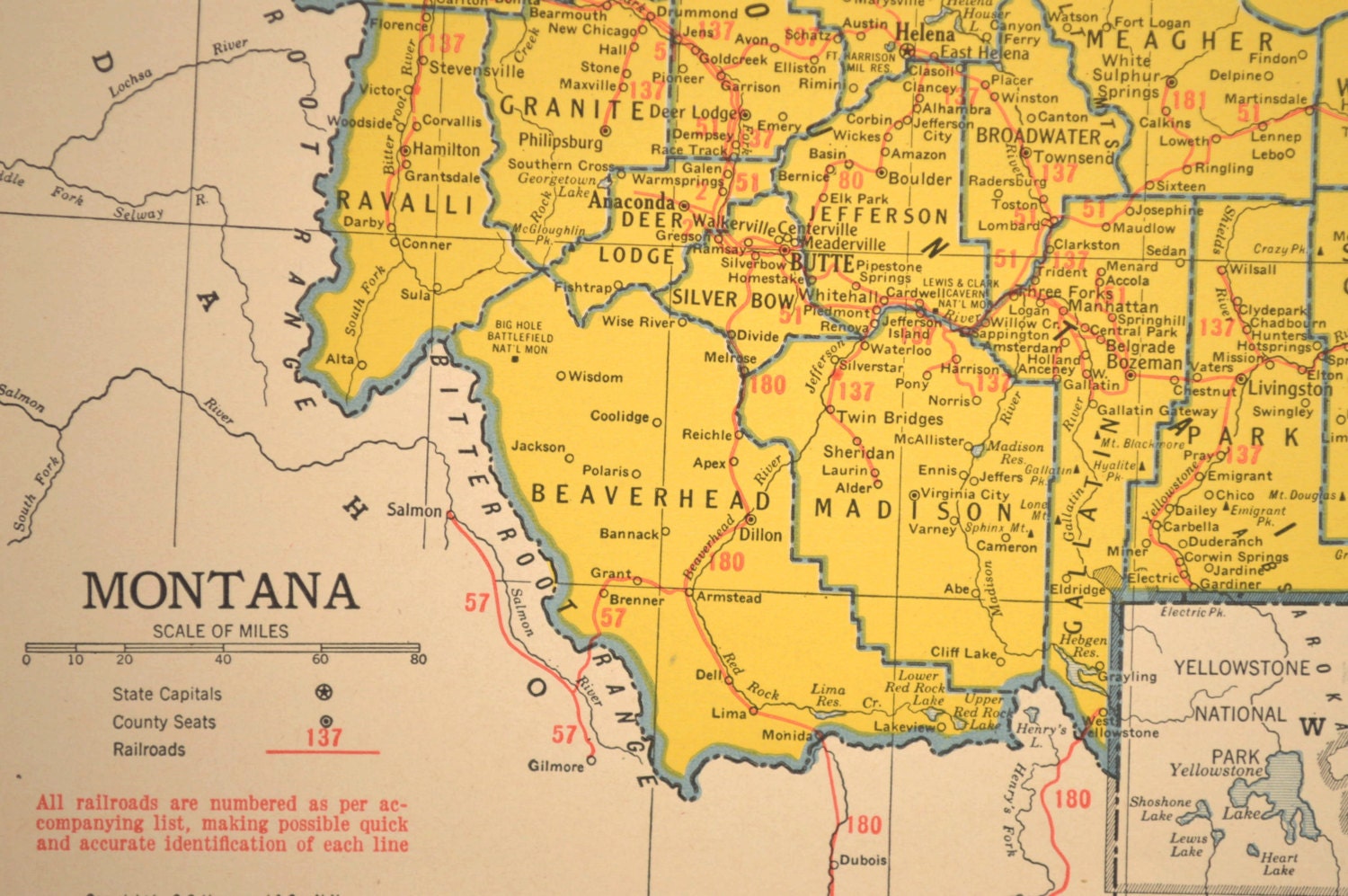 Montana Map of Montana Railroad Vintage Original 1940s Yellow