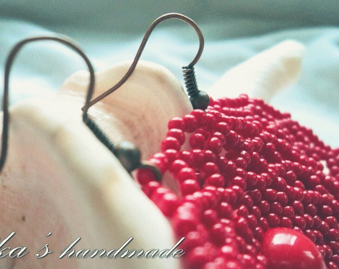 Red Chandelier openwork beaded white earrings beaded snowflakes, seed beads earrings, openwork earrings