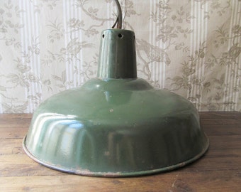 French Industrial Enamel Pendant Light - Industrial Lighting - Green Enamel Lamp with White Interior - Workshop Light - Metal Pendant Light