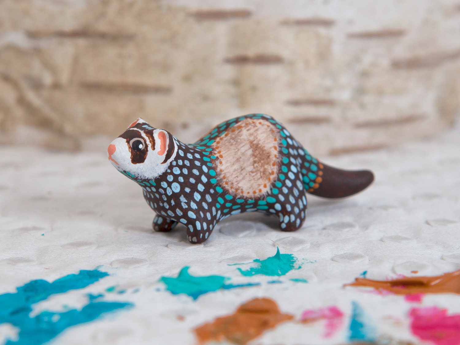 Native painted ferret animal totem polymer clay OOAK animal