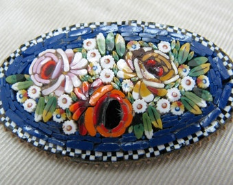 Lovely Vintage Micro Mosaic Brooch with a Dark Blue Background - Italy