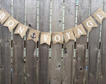 BON VOYAGE Burlap Banner - Burlap Bunting - Burlap Garland Banner, Nautical Burlap Banner Sign, Nautical Theme Party