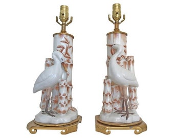 Table Lamp Applied Birds Midcentury Porcelain Crane Lamps, Pair//porcelain lamps pair//vintage lamps pair//table lamps pair//pair table lamps//pair lamps