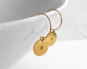 Modern Hand Stamped Earrings, Ear Jewelry, Gold Filled Ear Wires, Gold Plated Discs, Dainty Personalized Initial Earrings by Atigga