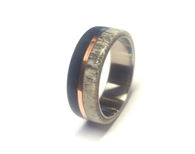 Titanium Men's Ring, Deer Antler and Ebony Wood, Patina Copper Middle Wood Ring, Antler Ring