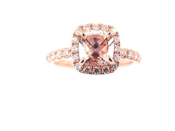 14K Rose Gold Diamond and Natural Cushion Cut Morganite Halo