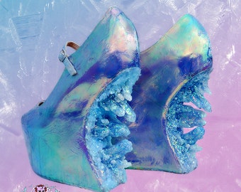 crystal cascade- iridescent custom made heels heel less shoes one of the kind, Pastel Goth, Fairy Kei, Kawaii,cute,harajuku, alternative