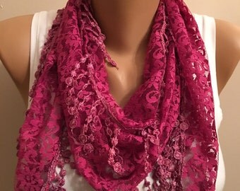 Maroon Lace Fringed Scarf, Frieds Gift, Lace Shawl, Gift for her, Fashion Scarf, Maroon Scarves, Bufanda granate, Marron écharpe