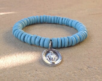Light Blue Bracelet with Catholic Miraculous Medal, Our Lady, size medium, ready to ship