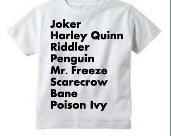 Batman Villains Tee // Kids Tee// Joker Harley Quinn Riddler Penguin Bane Scarecrow Poison Ivy Mr. Freeze // Kids Clothing // Villains