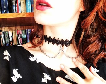 Black lace choker with chains