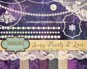 Lace and Pearls Clipart, Digital Scrapbooking kit, Ivory lace white pearl clip art digital jewelry, gems, instant download commercial use