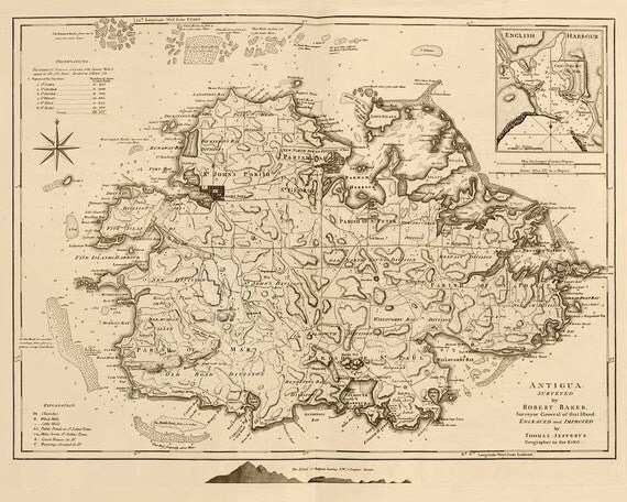 Antigua map 1775 Old map of Antigua Island in 5 sizes up to