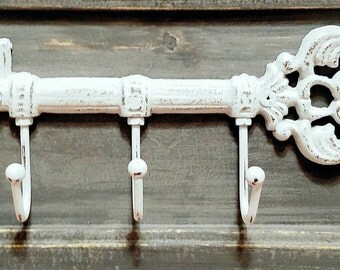 Low shipping! Cast Iron Key Hook /Shabby Chic Decor /Wall Key Holder rack / White Distressed Skeleton Key Bathroom Towel Hook/Country Decor